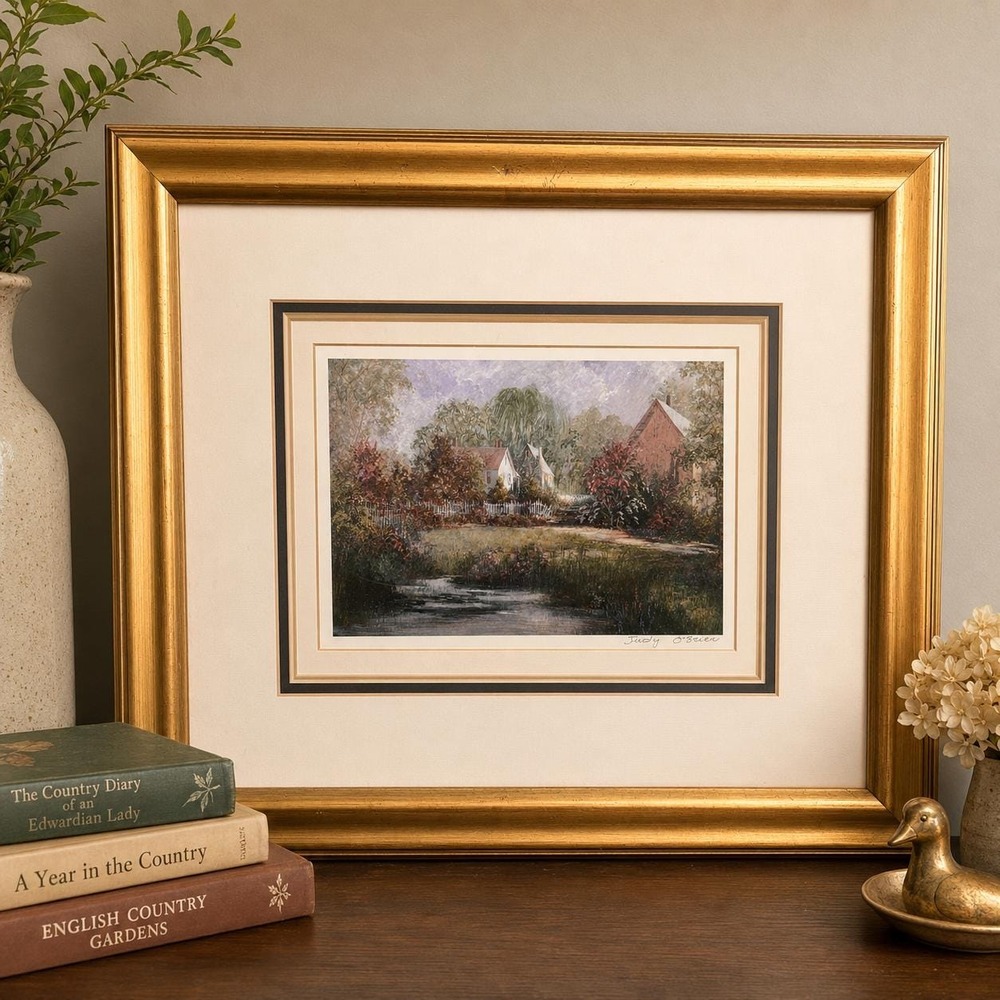 Vintage Judy O'Brien Signed Framed Print Country Cottage Landscape Gold Frame